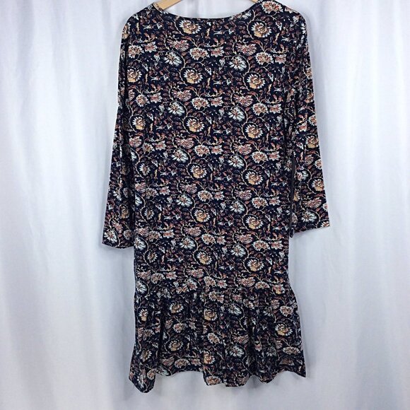 Suzanne Betro Shift Dress Womens Medium Navy Blue Floral Ruffle Hem - Picture 2 of 6
